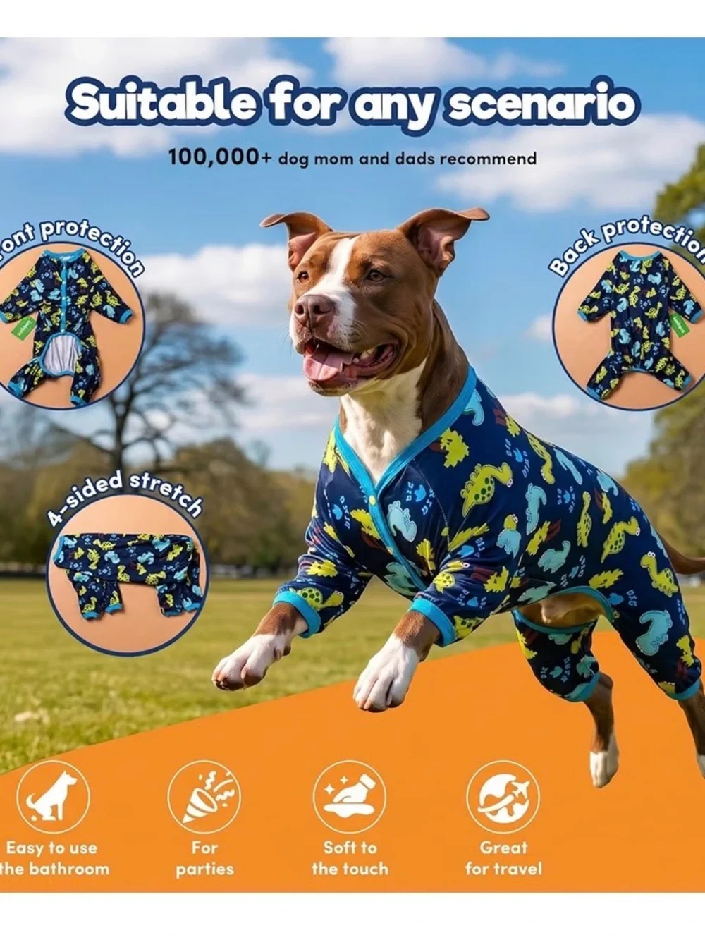 LovinPet Blue Dinosaur Print Dog Pajamas Onesie XL Lightweight Stretchy